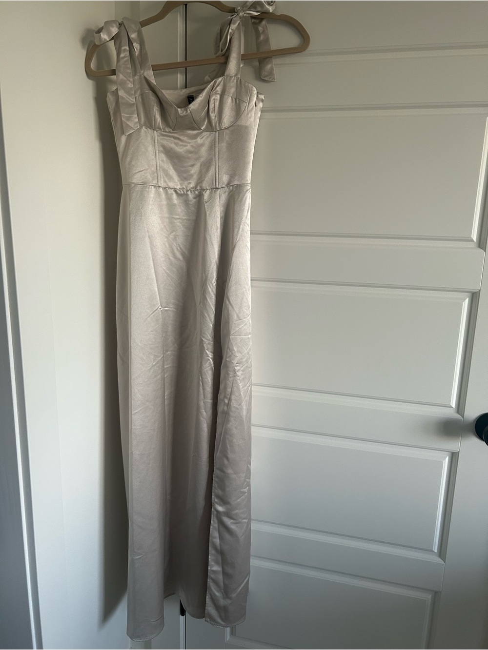 Silk-Look Tie-Shoulder Maxi Dress in Light Champagne